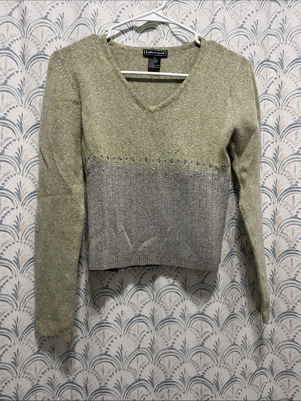 Takeout Olive and Gray V-Neck Colorblock Sweater